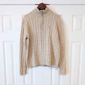Size L Tommy Hilfiger 100% Cotton Y2K Vintage Cream Chunky Knit Quarter Zip